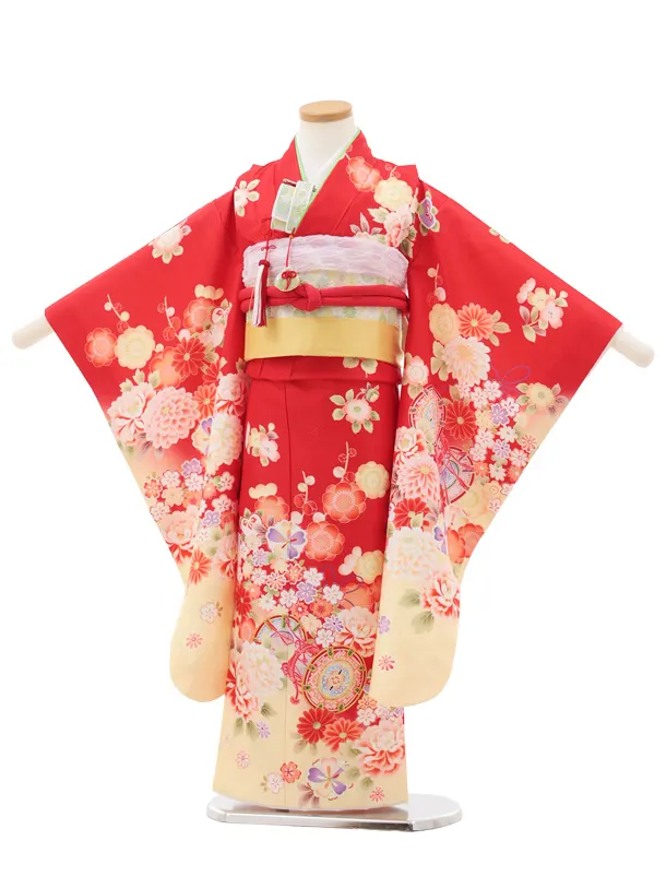 子供着物 七五三 3歳 鼓 花模様 赤橙色 CK-7380