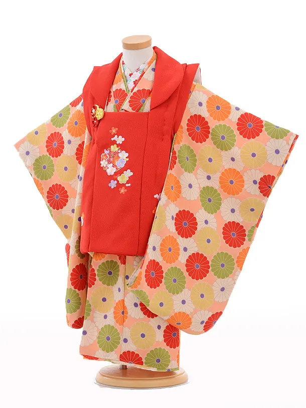 七五三3歳女の子 七五三レンタル(3歳女の子被布)3702赤xﾋﾟﾝｸ薬玉 | 着物レンタル