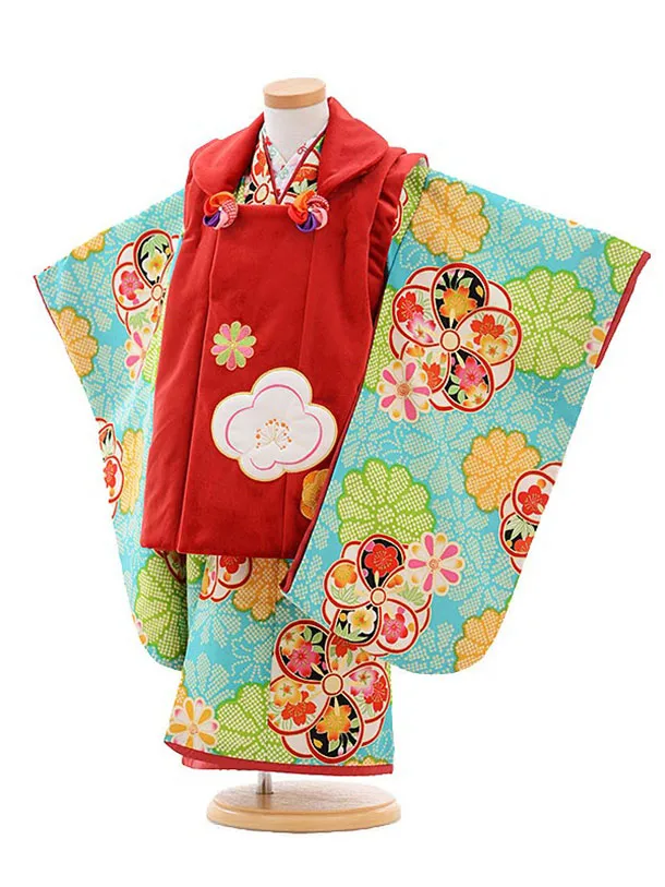 七五三　3歳　赤と水色の花柄着物 楽天市場】七五三 着物 3歳 被布セット 女の子 水色の着物