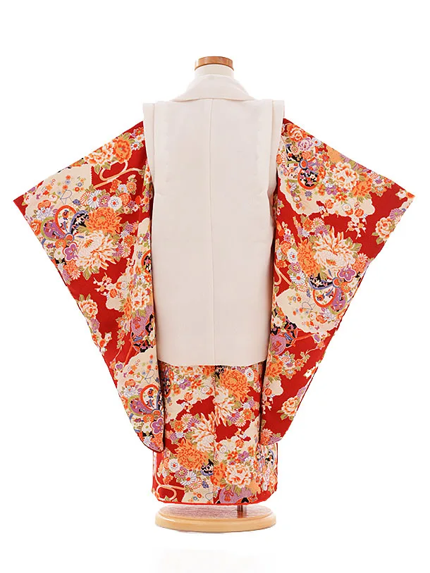 ◎509ag7◎七五三 三歳 女の子 アンティーク着物&被布 レトロ 濃朱色◎ 七五三 3歳 女の子 着物セット 一つ身・被布 アンティークNo