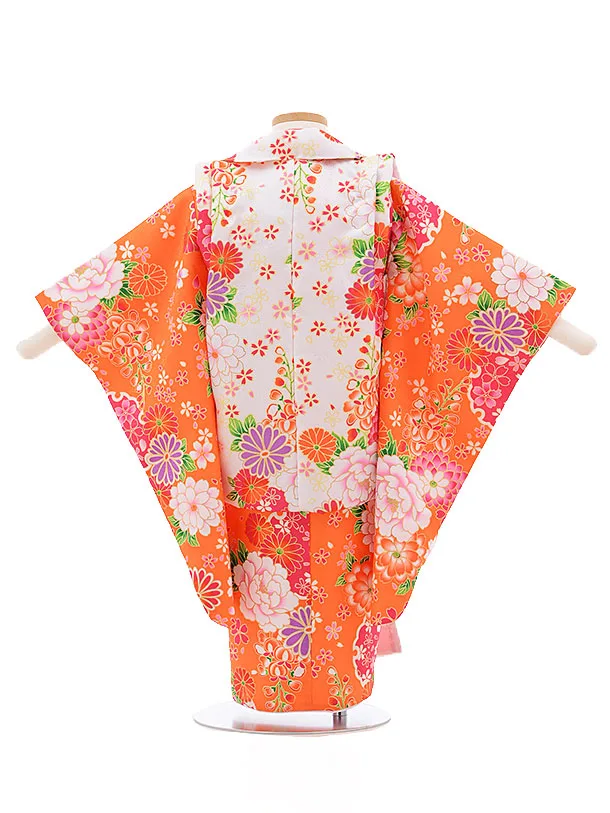 七五三レンタル(3歳女被布)3376 白×ｵﾚﾝｼﾞ 花づくし | 着物レンタルの
