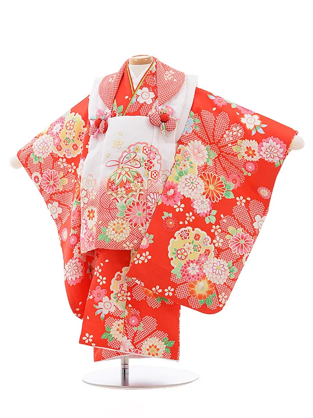 七五三　2歳〜3歳向き　総絞りのお着物セット　被布 七五三レンタル(2歳女児被布)3806正絹赤総絞り桜まり刺繍 | 着物
