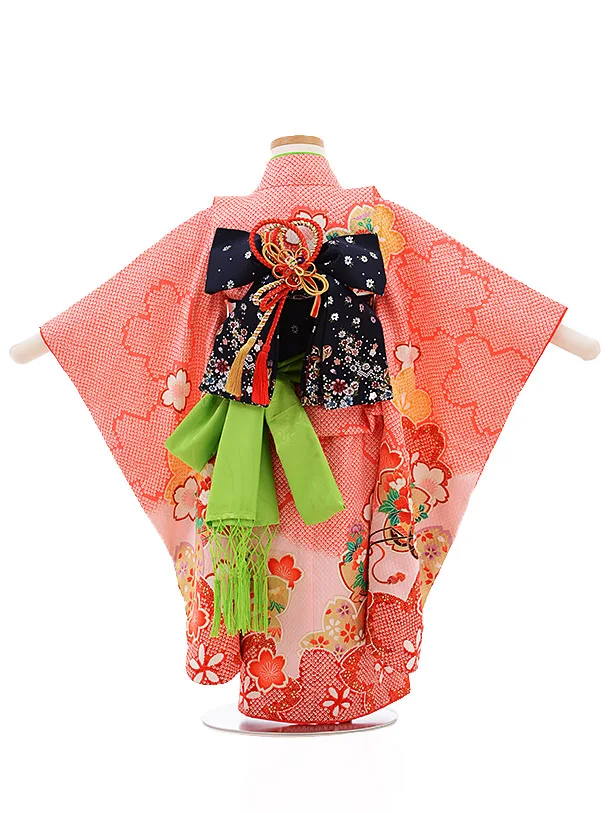 七五三レンタル(3歳女結び帯)3502 ﾋﾟﾝｸ地 鹿の子 花車 | 着物