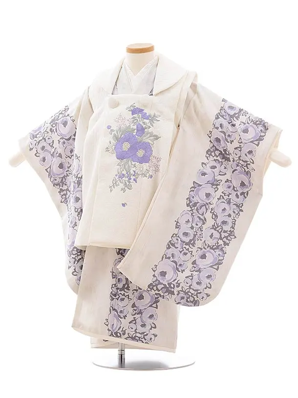 七五三レンタル(3歳女児被布)4145白地刺繍椿xアイボリー椿