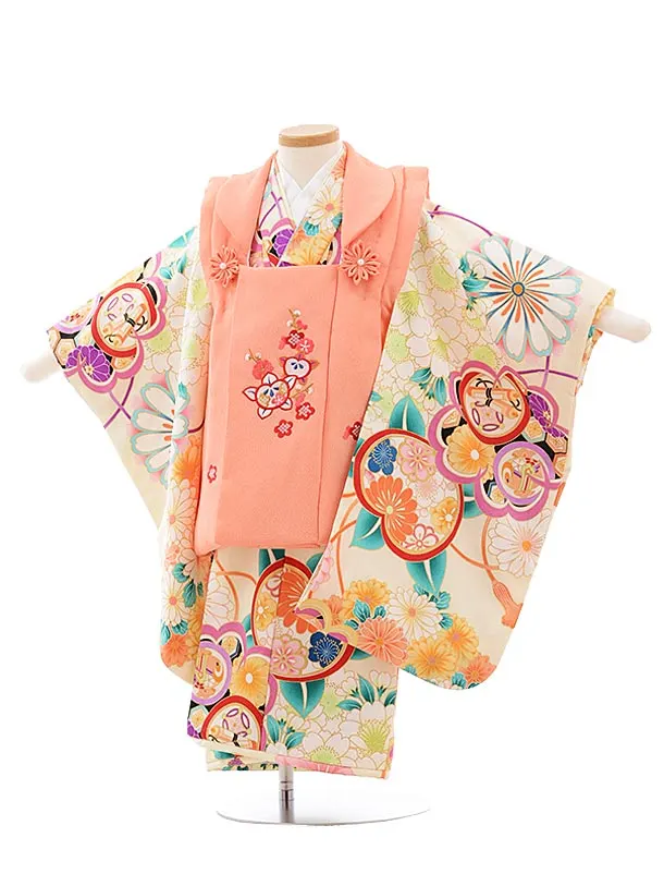 七五三レンタル(3歳女児被布)3871薄ピンク刺繍梅xクリーム色花