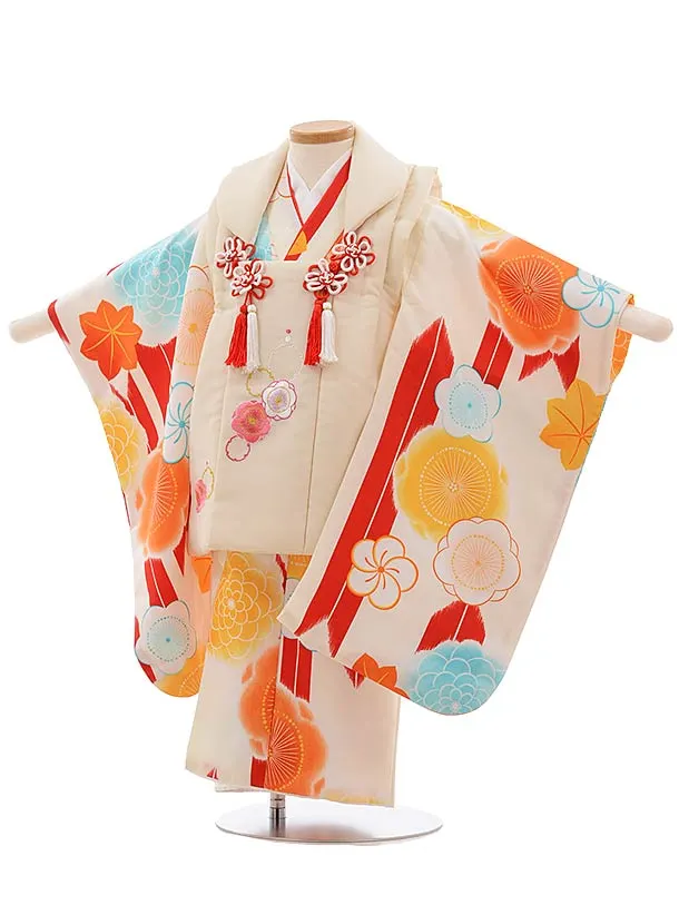 セット　七五三　3歳女の子　長着きもの　被布　クリーム地　オレンジ　51688 セット 七五三 3歳女の子 長着きもの 被布 クリーム地 オレンジ