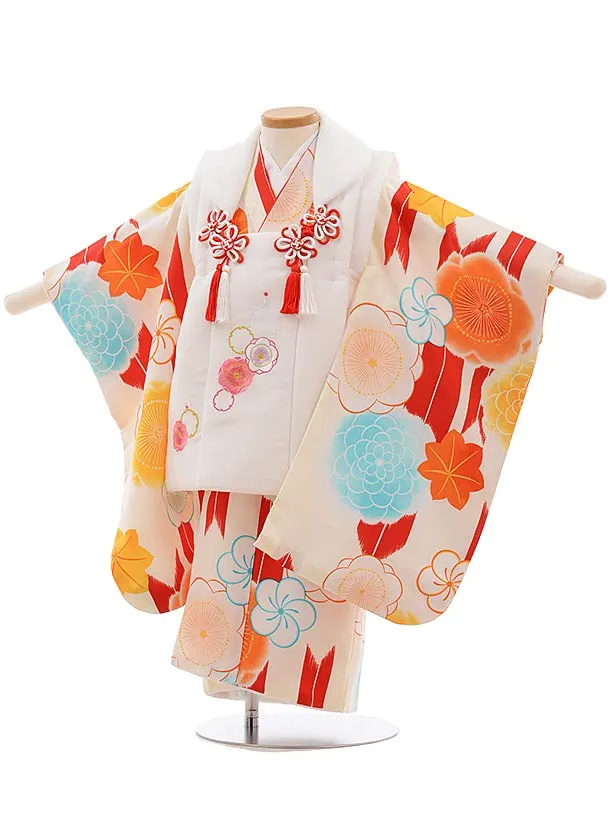 七五三　被布　３歳 七五三レンタル(3歳女児被布)4145白地刺繍椿xアイボリー椿