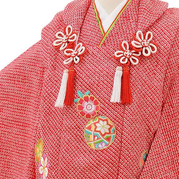 七五三 3歳 着物 753 絹 被布 絞り柄 三歳 赤  刺繍 古典柄 花 3歳女の子 正絹 着物 七五三レンタル 被布セット f1487 子供