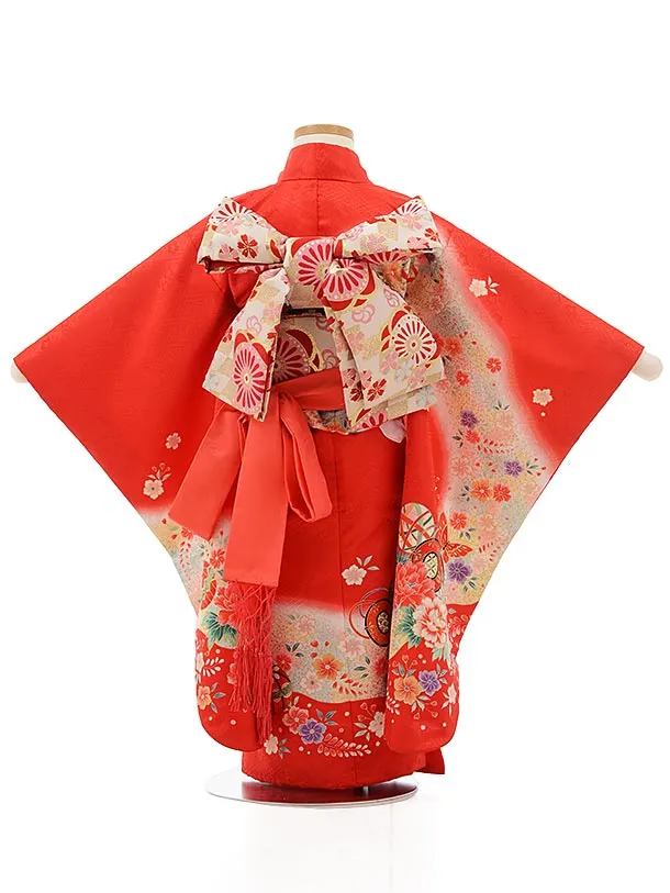 七五三レンタル(3歳女の子結び帯)3736 赤地 鼓にぼたん 蝶