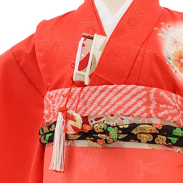 七五三三3歳用の帯 七五三レンタル(3歳女の子結び帯)3736 赤地 鼓にぼたん 蝶