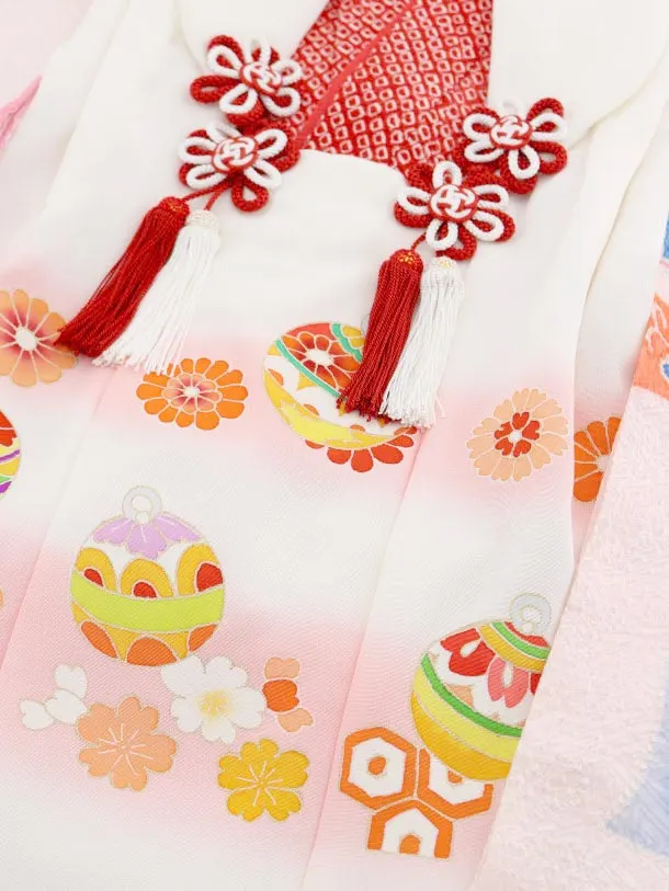 七五三レンタル(3歳女の子被布) 正絹 3738 白まり×赤地 絞り