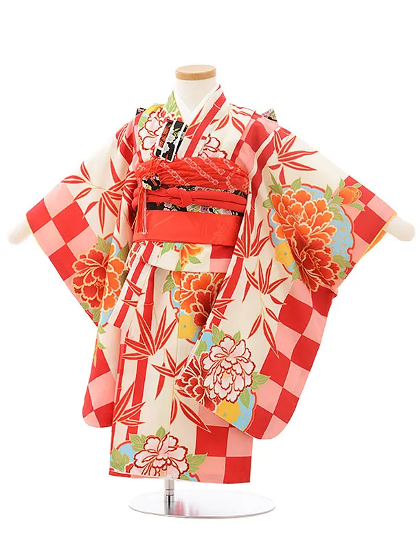 411ag55 着物のみ◎七五三 七歳 女児 着物&袋帯 源氏車 牡丹 ピンク◎ 七五三 7歳 四つ身着物フルセット ブランド 紅一点「茜色 源氏車