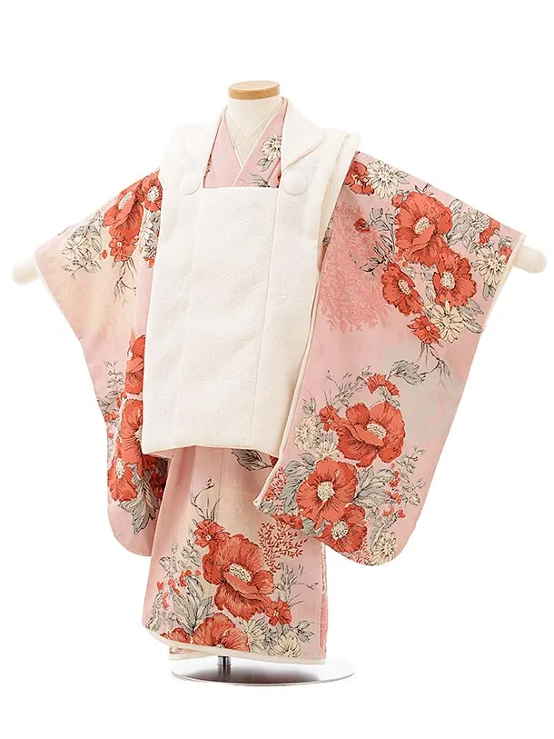 七五三レンタル(3歳女児被布)3901白刺繍花xピンク菊に薬玉