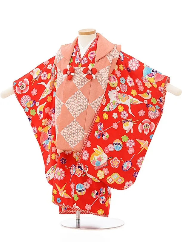 七五三レンタル(3歳女児被布)3845 ピンク×赤地おもちゃ