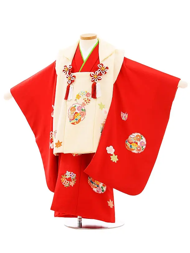七五三レンタル(3歳女児被布)4691【高級正絹】白刺繍鈴×赤地梅