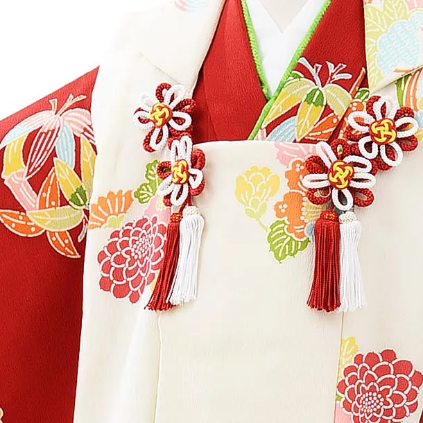 七五三レンタル(3歳女児被布)4035【高級正絹】白x赤小紋花丸