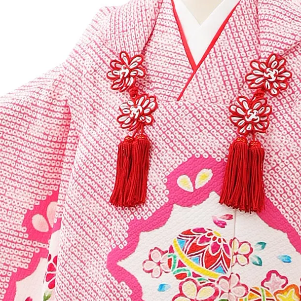 正絹　七五三3歳被布セットピンク 七五三3歳 正絹着物・正絹被布着他セット ピンクと赤