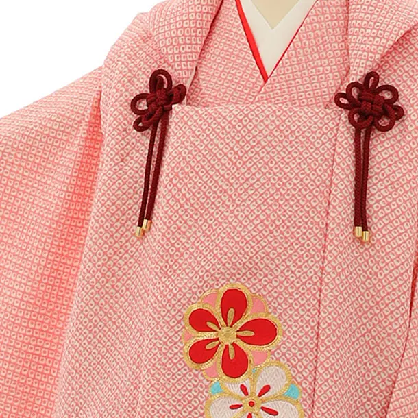 409ag66□七五三 二歳 女児 着物&被布 絞り染め 地紋 梅□状態良好 七五三着物 3歳 女の子 正絹 刺繍柄の被布コートと着物