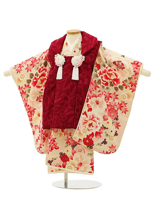 七五三レンタル(3歳女児被布)4215華徒然 赤紫xピンク四季花