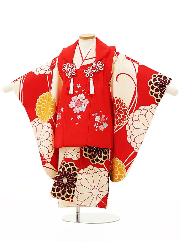七五三レンタル(3歳女児被布)4305赤刺繍桜x赤菊 | 着物レンタル