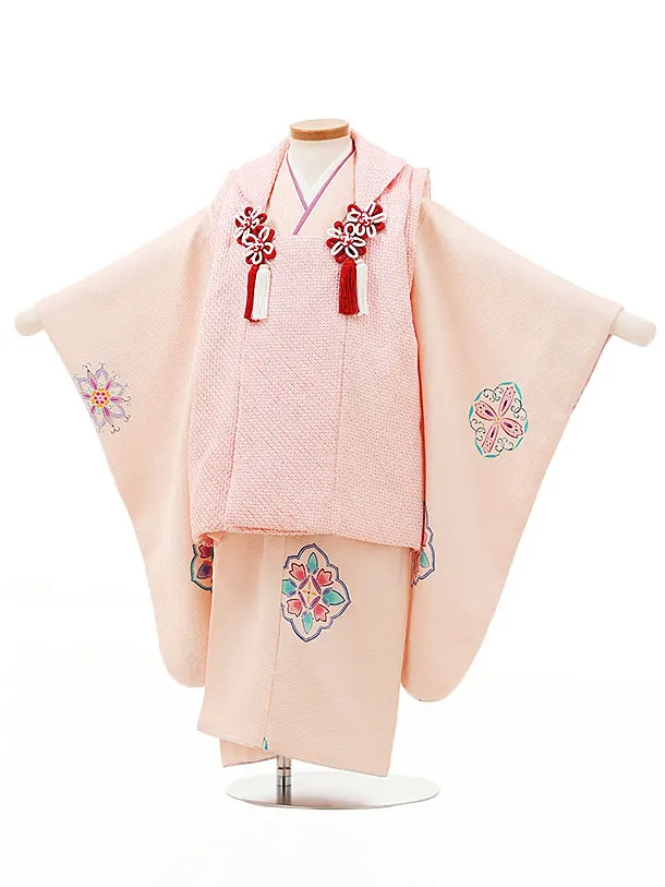 七五三レンタル(3歳女児被布)4322【正絹】ピンク絞りxうすピンク更紗柄