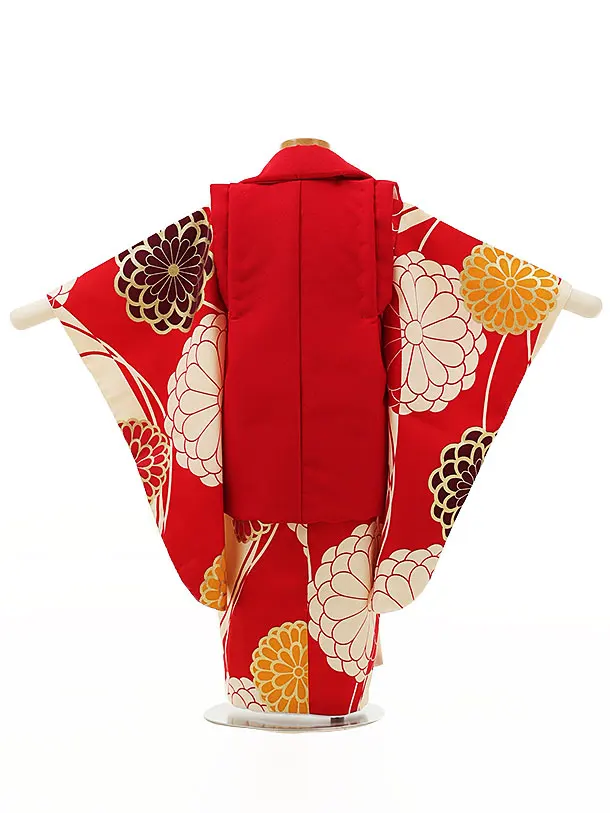 七五三レンタル(3歳女児被布)4392赤刺繍桜菊x赤クリーム菊