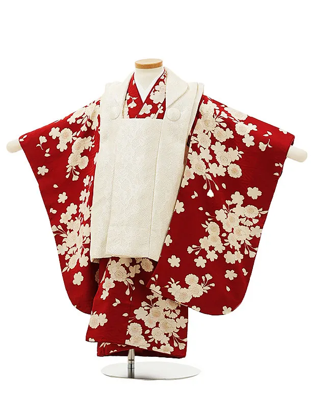 七五三(3歳女児被布)4229オフホワイト刺繍菊梅×赤ねじり梅
