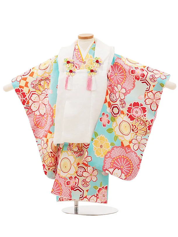 七五三レンタル(3歳女児被布)4444【正絹】白x水色桜鞠