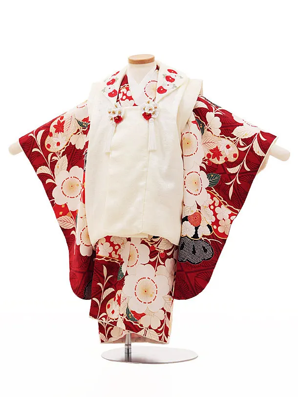 七五三(3歳女被布)4509 正絹 紅一点 クリーム×赤桜 | 着物レンタルの