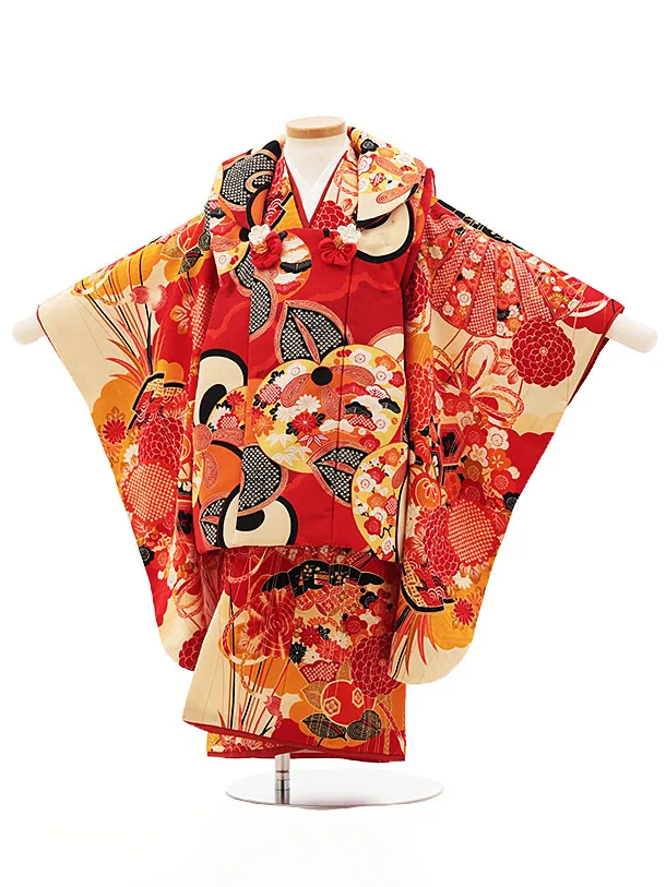 七五三レンタル(3歳女児被布)4515 LOWRYS FARM 赤クリーム雲に橘