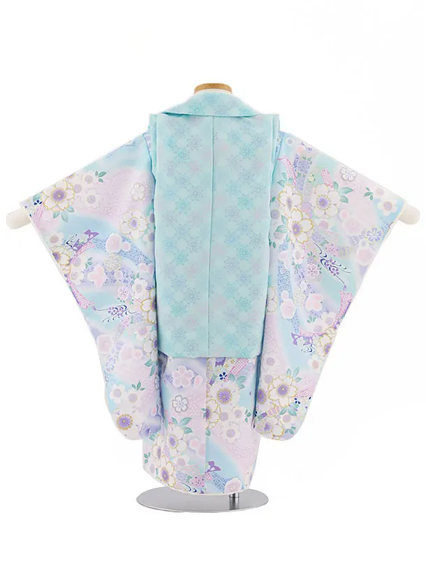 七五三(3歳女児被布)4565 水色×水色桜熨斗 | 着物レンタルの京都かしい