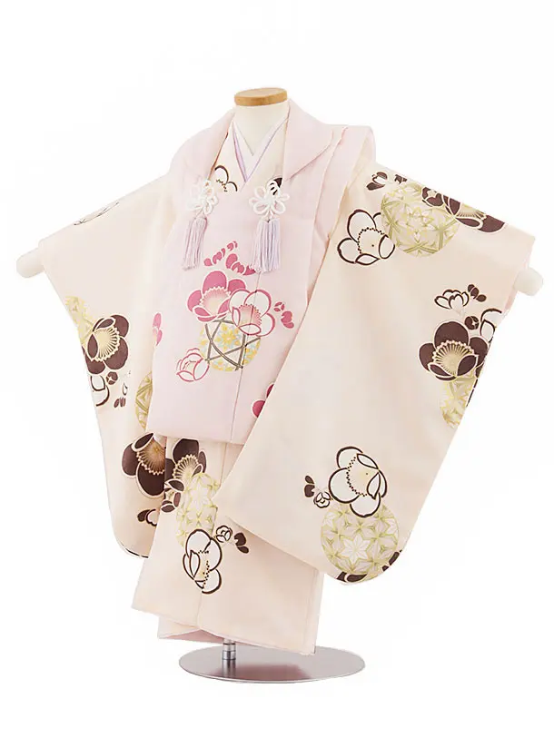 七五三レンタル(3歳女児被布)3871薄ピンク刺繍梅xクリーム色花