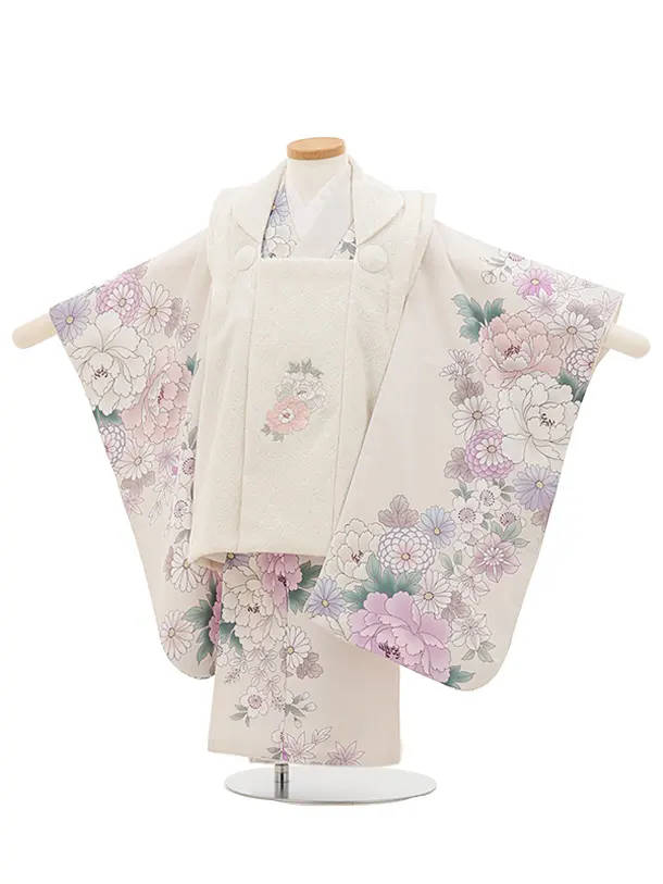 七五三レンタル(3歳女児被布)4775 アイボリー×薄ベージュ牡丹