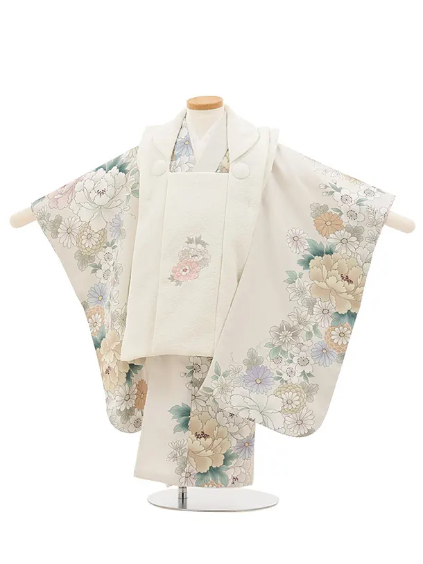 七五三レンタル(3歳女児被布)4778 クリーム×薄ベージュ牡丹