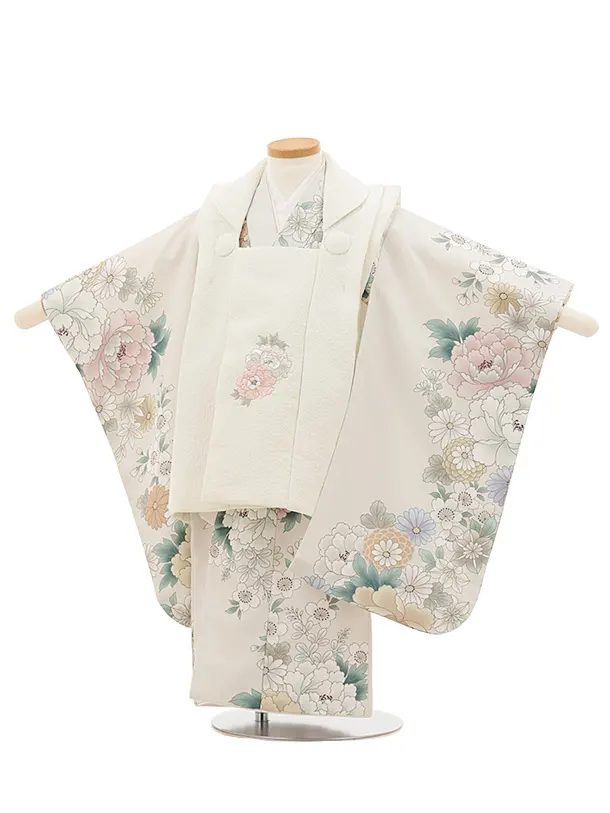 七五三レンタル(3歳女児被布)4779 クリーム×薄ベージュ牡丹