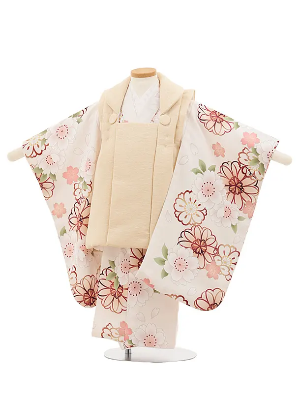 七五三レンタル(3歳女児被布)4781 クリームベージュ×淡ピンクベージュ桜牡丹