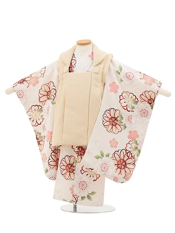 七五三レンタル(3歳女児被布)4782 クリームベージュ×淡ピンクベージュ桜牡丹