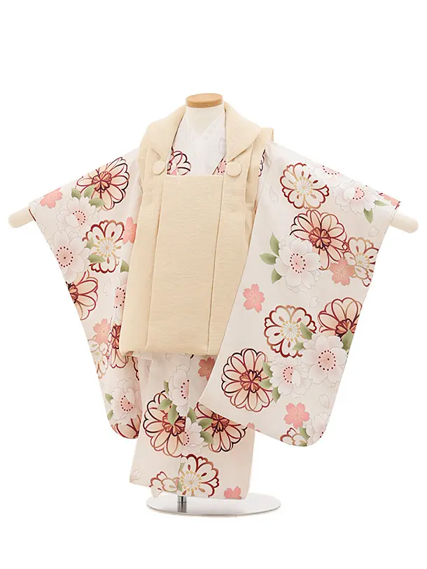 七五三レンタル(3歳女児被布)4783 クリームベージュ×淡ピンクベージュ桜牡丹