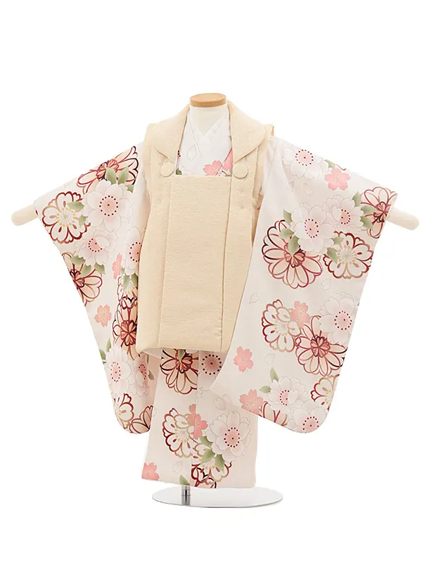 七五三レンタル(3歳女児被布)4784 クリームベージュ×淡ピンクベージュ桜牡丹