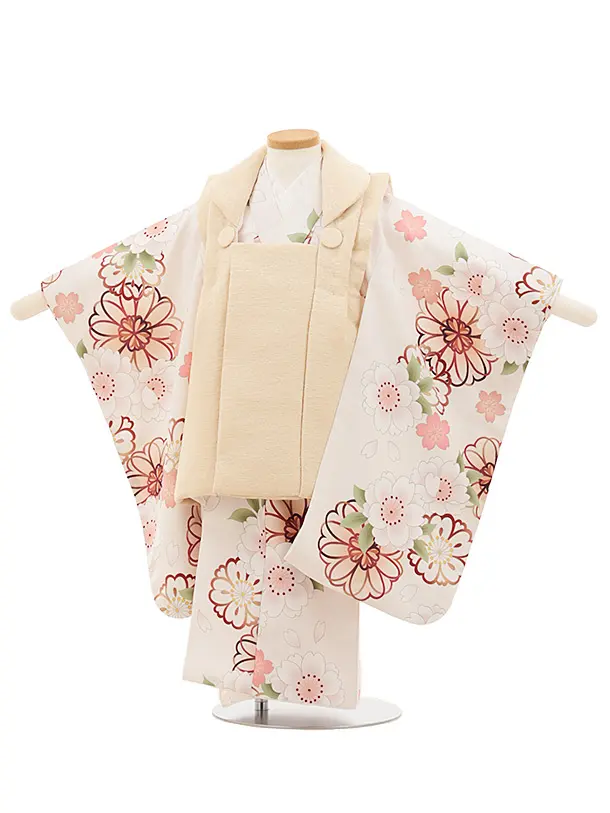 七五三レンタル(3歳女児被布)4785 クリームベージュ×淡ピンクベージュ桜牡丹
