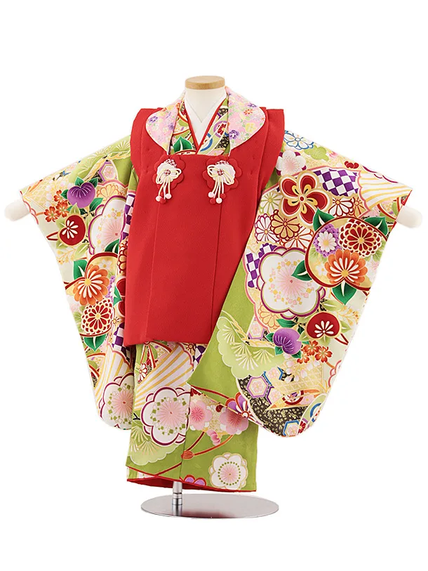 七五三レンタル(3歳女児被布)4793 赤×黄緑梅菊橘