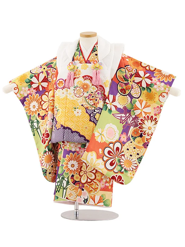 七五三レンタル(3歳女児被布)4794 白地雲取り鞠×オレンジねじり梅