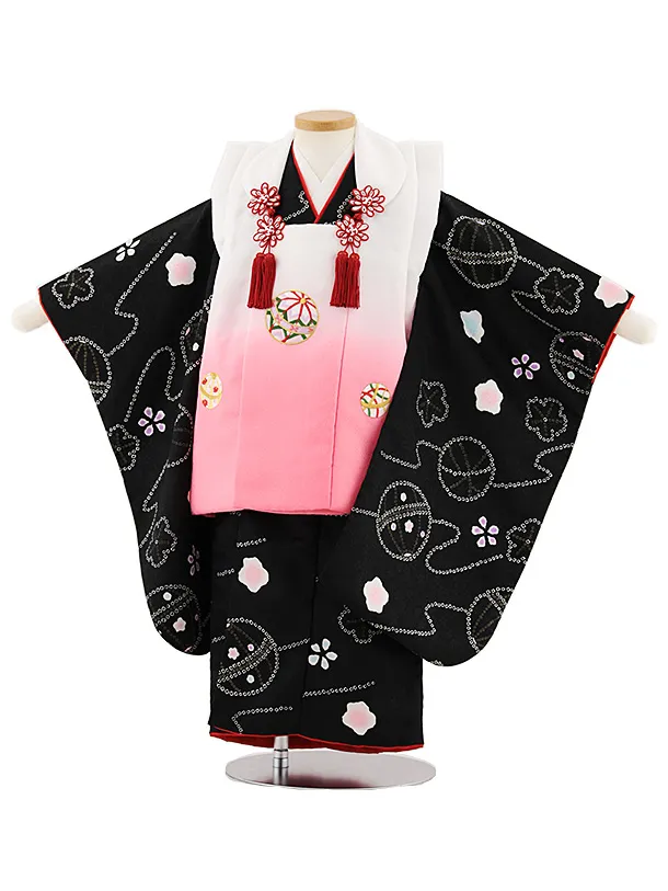 七五三レンタル(3歳女児被布)4795 白地ぼかし鞠×黒鞠桜