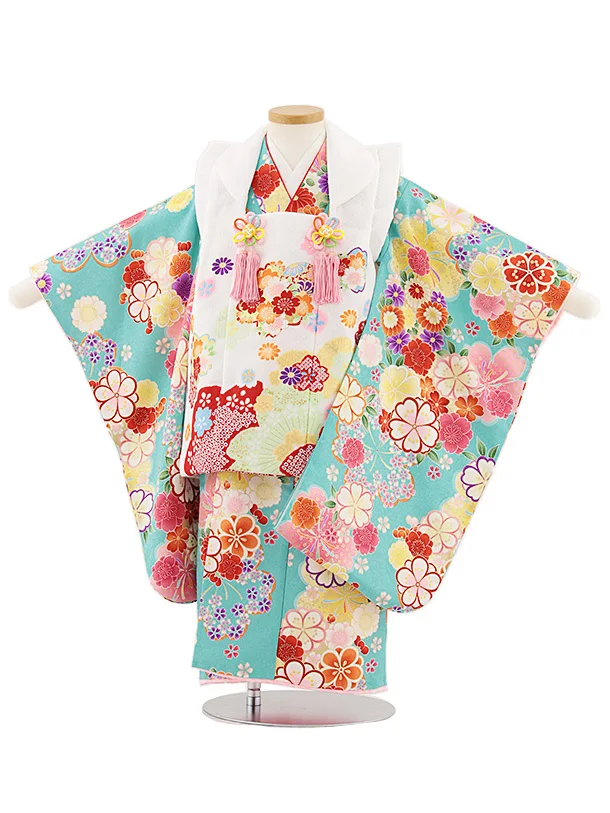 七五三レンタル(3歳女児被布)4864 白刺繍花丸×黄緑 扇と古典花