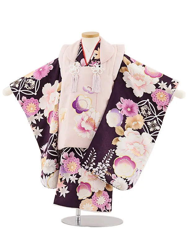 七五三レンタル(3歳女児被布)4799 ピンク×ブラウンパープル梅菊牡丹