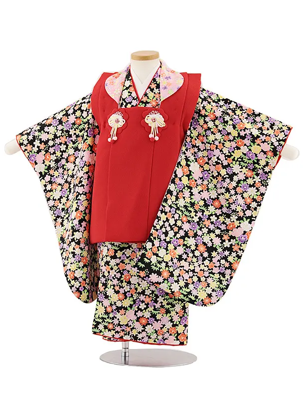 七五三レンタル(3歳女児被布)4800 赤×黒地小花