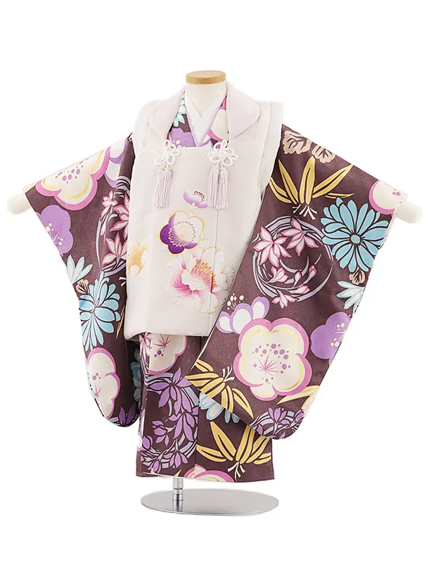 七五三レンタル(3歳女児被布)4801 薄ピンク×ブラウンパープル梅菊