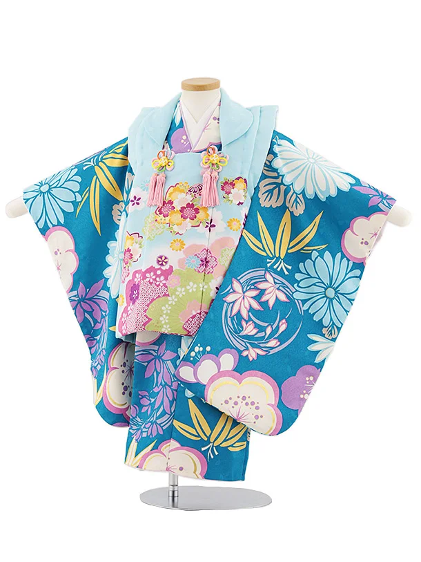 七五三レンタル(3歳女児被布)4802 水色桜×ターコイズ梅菊