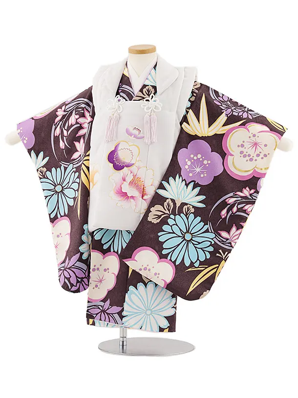 七五三レンタル(3歳女児被布)4803 白×ブラウンパープル小花