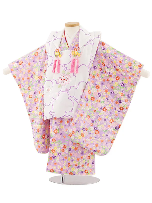 七五三レンタル(3歳女児被布)4804 白刺繍桜×パープル小花